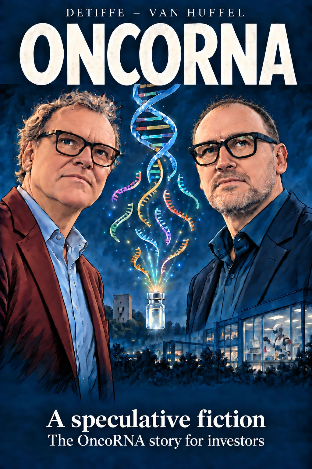 Cover of the OncoRNA graphic novel by Detiffe – Van Huffel: the two founders, RNA strands and a future research campus.